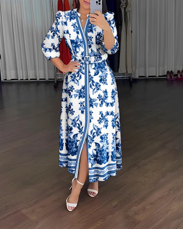 Floral Print V Neck Slit Dress with Belt